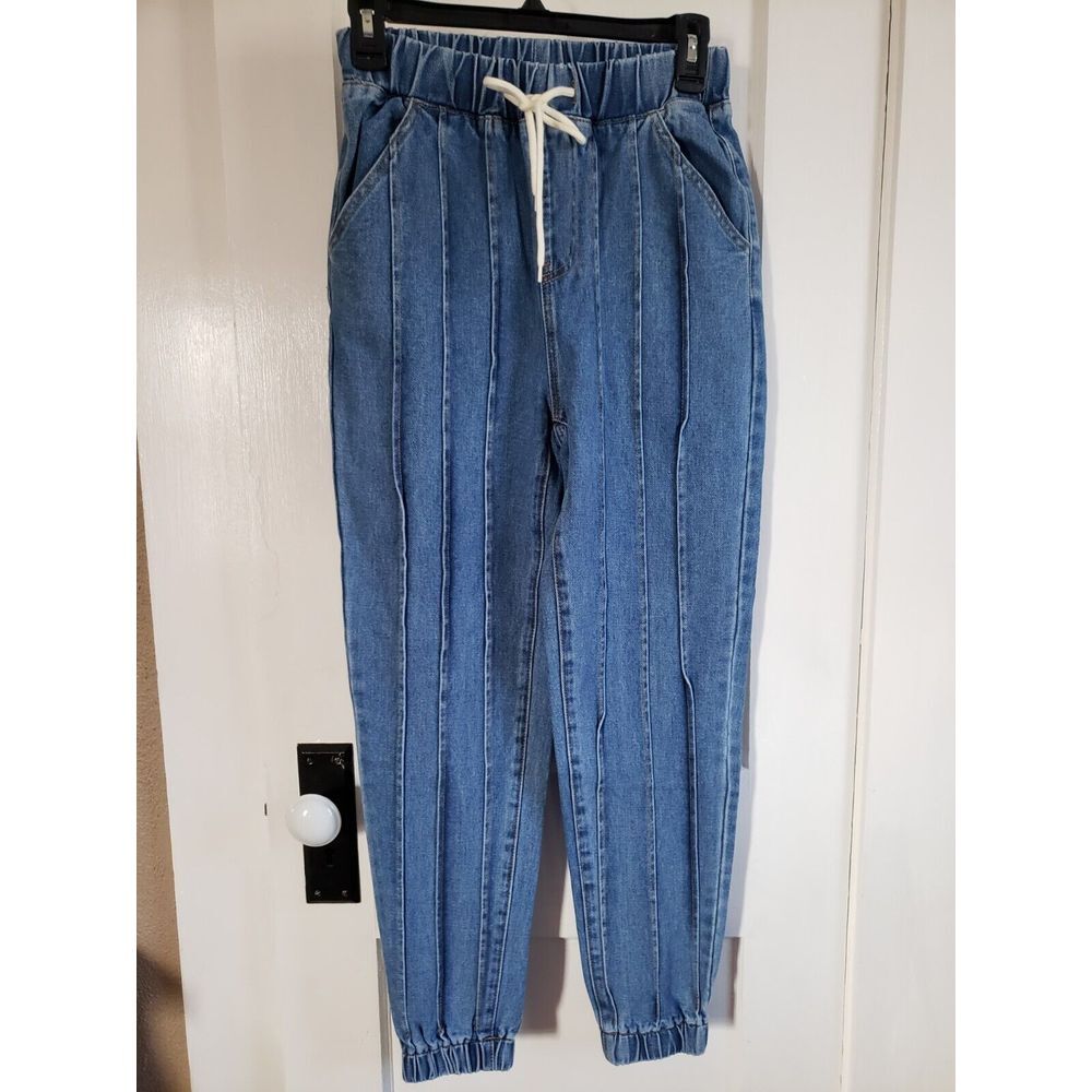 Shein Women‎ MEDIU Wash Elastic Hem W/STRING Denim PLEATE Jogger Jeans XS